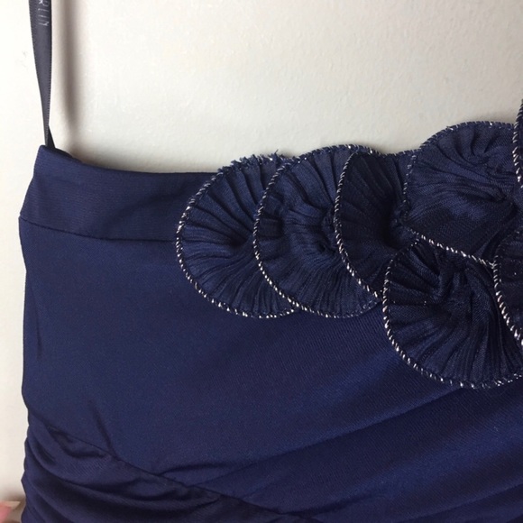 B Darlin One Shoulder Metallic Rosette Ruched Navy Mini Dress Size 11/12 - Picture 5 of 7